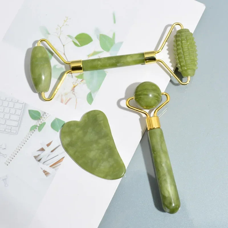 Kit 3 Peças Rolo de Jade Natural – Gua Sha + Rolo de Jade