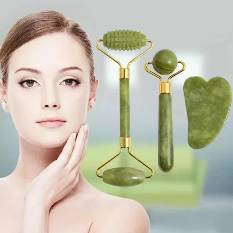 Kit 3 Peças Rolo de Jade Natural – Gua Sha + Rolo de Jade